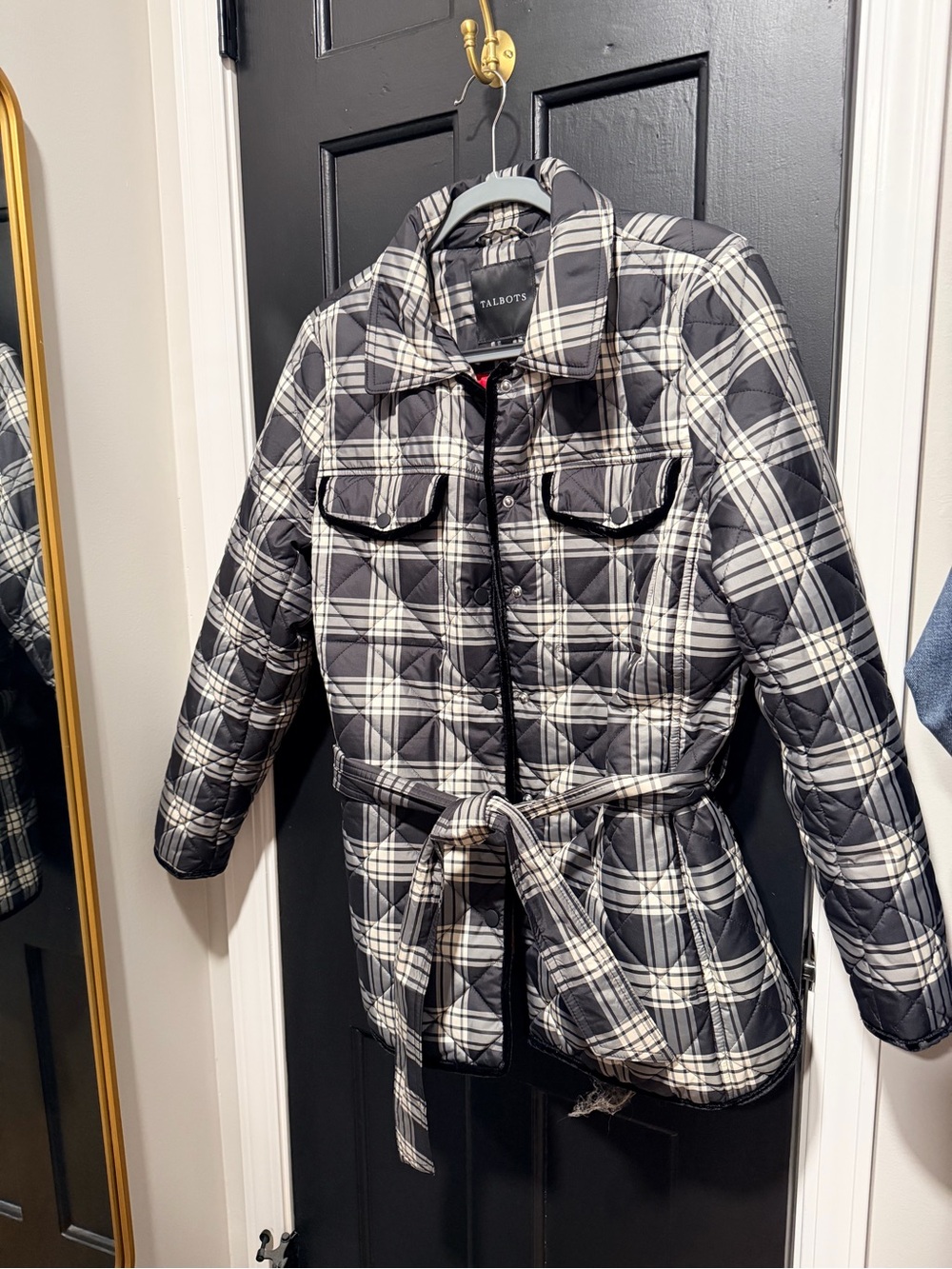 Talbots Black and White Plaid Jacket with Red Satin Interior